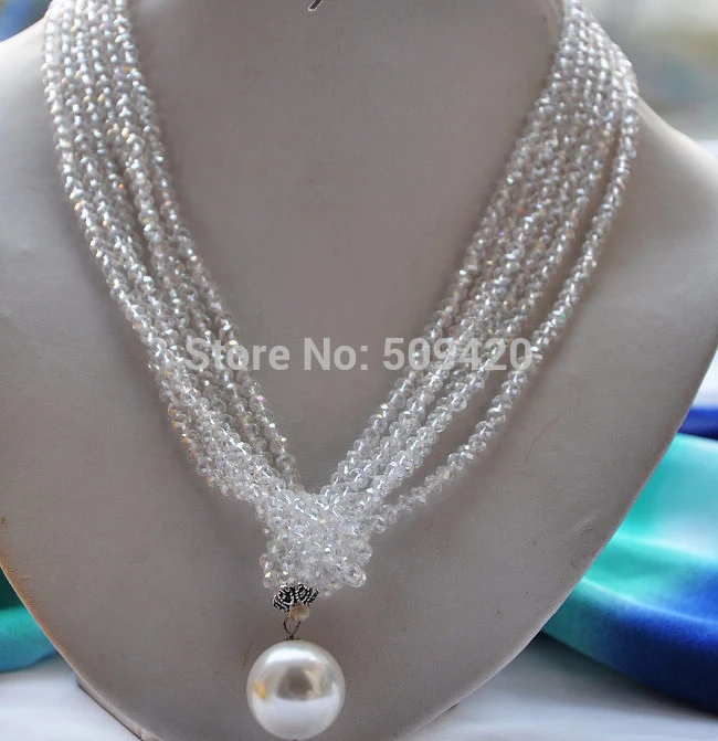 

Free Shipping Wholesale>3strands 20mm white shell pearl clean faceted crystal necklace 40inch