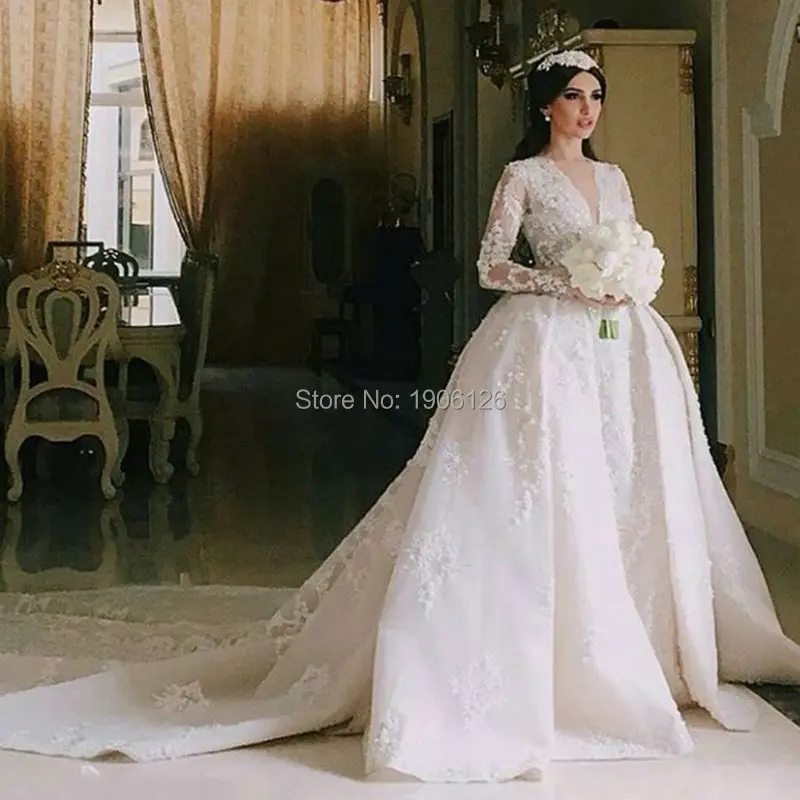 Elegant Winter Wedding Dresses Removable Skirt Long Sleeve Lace