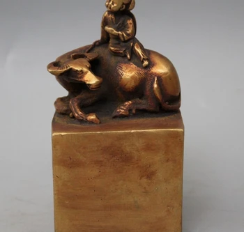 

Old Chinese Heavy Bronze Gild Ox cowboy Statue Dynasty imperial Seal Stamp