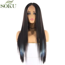 SOKU синтетические парики на кружеве для черных женщин длинные прямые средняя часть парик 130% плотность бесклеевой высокой температуры волокна парик