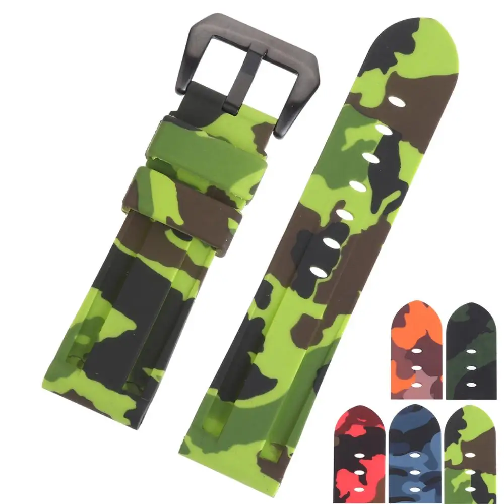 

EACHE Rubber Watch Band Camo Pattern Silicone Watch Strap 22mm Black & Silver Buckle Watch Band For PAM111 Wrist Watch