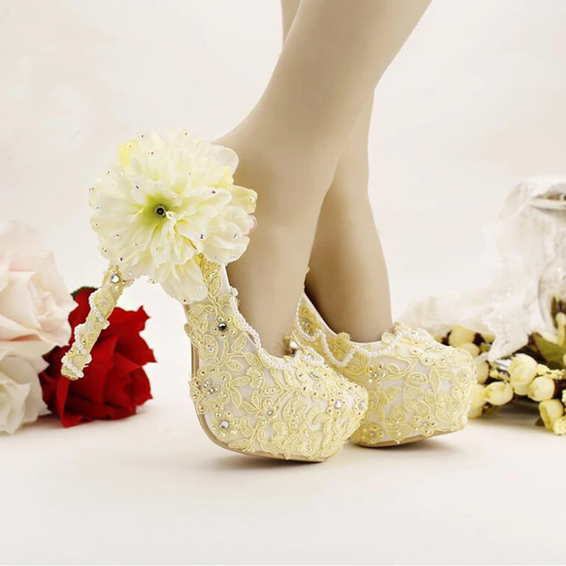 Pure Yellow Bride Shoes High Heels Platform Dress Lace Flower Pure Yellow Bride Shoes High Heels Platform Dress Lace Flower Rhinestone Wedding Bridal Pumps Stiletto Heel In Women S From On