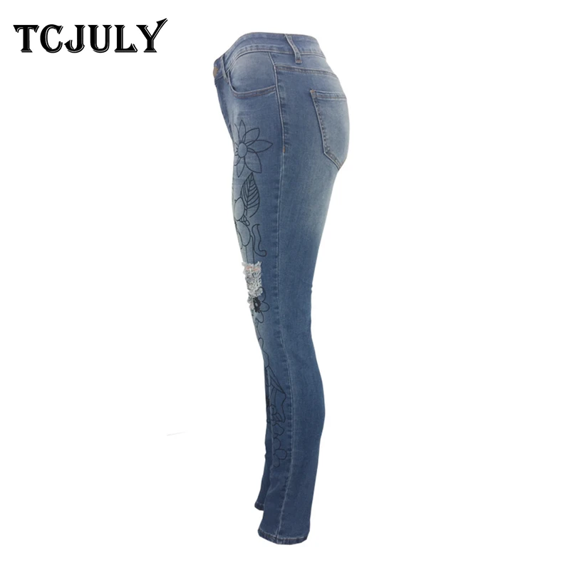 TCJULY новые стильные рваные джинсы с цветочным принтом для женщин, обтягивающие Стрейчевые узкие брюки-карандаш, Уличная Повседневная джинсовая одежда