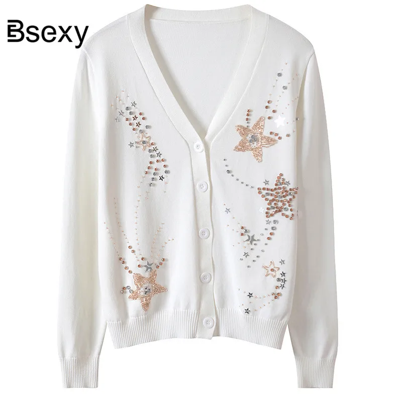 Little Black WOmen's Cardigan 2019 Spring V neck Stars Sequins Thin Slim Female Sweater Long SLeeve Knit Jumper WOmen Clothing