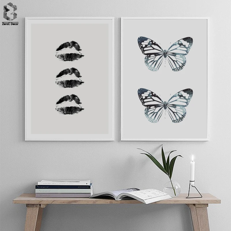 

Scandinavian Black Lips Canvas Art Posters and Prints Butterfly Painting Wall Picture for Living Room Modern Home Decoration