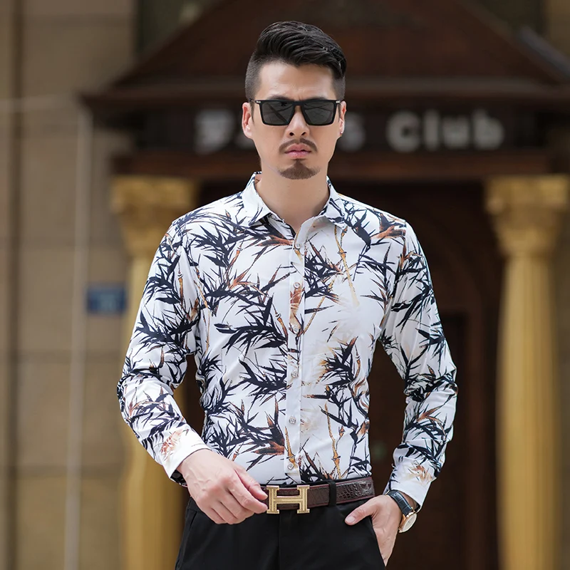 Высокое качество Для мужчин; футболка с цветочным принтом 2019 Новая мода slim fit с длинным рукавом синего и белого фарфора Для мужчин рубашки