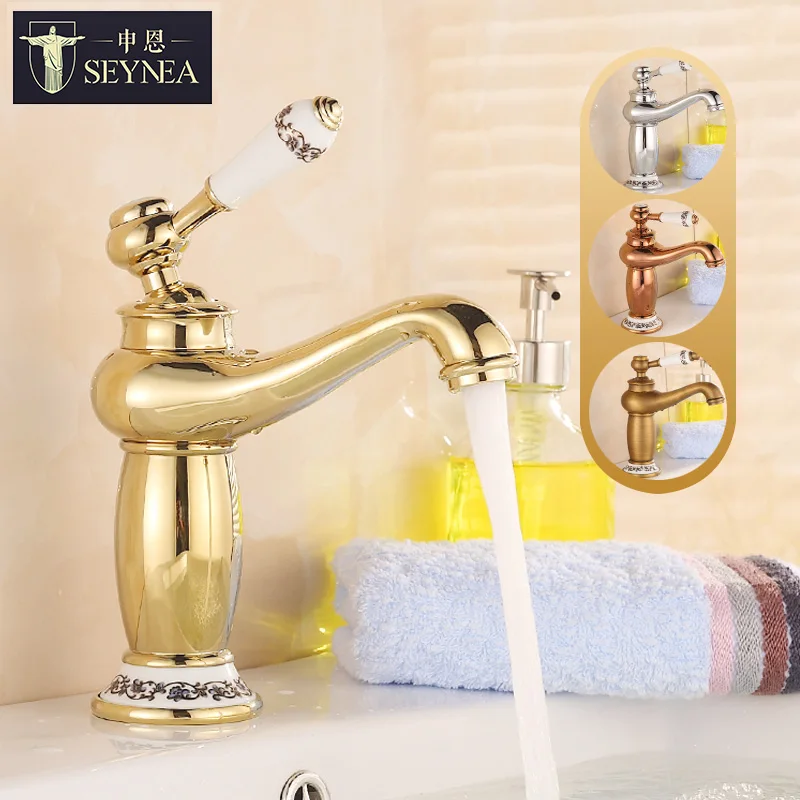 

European Bronze Basin Faucet Blue and White Porcelain Hot and Cold Gold Antique Faucet European Hot Cold Water Bathroom Faucet Y