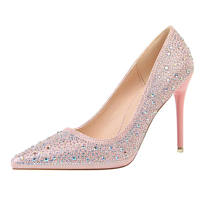 

2019 Women 10cm High Heels Glitter Crystal Pumps Lady Elegant Silver Female Footwear Wedding Gold Bridal Shoes 9219-22