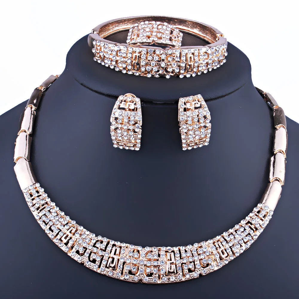 

4PCS Full Jewelry Sets Alloy Jewelry Suit Necklaces Earrings Luxury Bridal Jewelry Sets Gold Wedding Jewelry Set