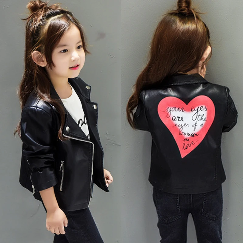 

Hot sale baby girls leather jacket autumn child toddler girl heart shape back PU jackets coat fashion designer outwear kids coat