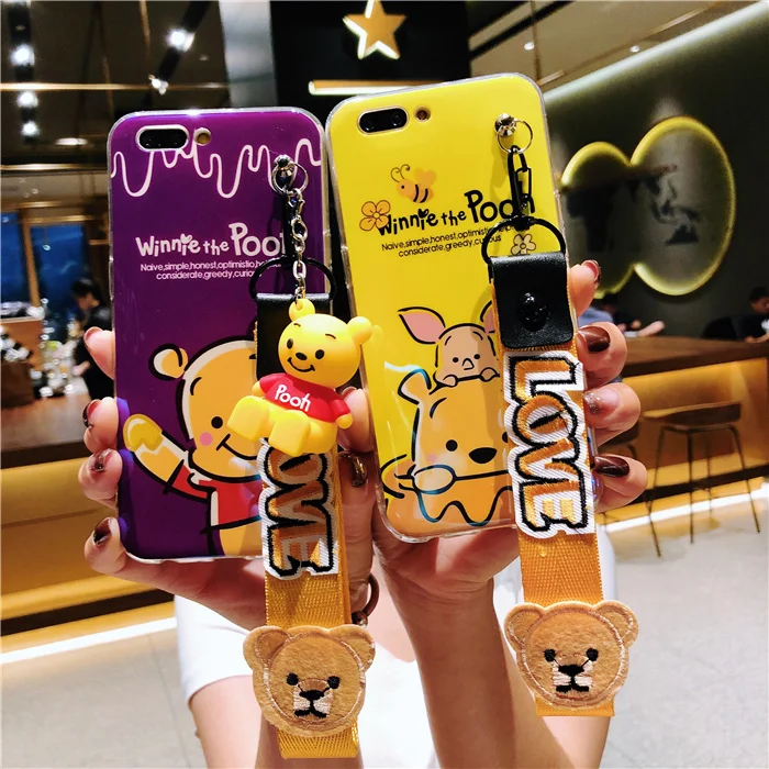 For iPhone 8plus Cute winnie case cartoon bear Soft back cover X 8 7 7plus 6 6S 6Splus phone + toy +Strap |