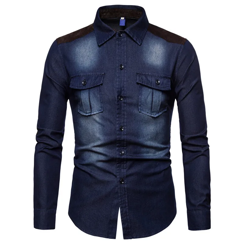 Для мужчин Slim fit джинсовые рубашки Мода Осень с длинными рукавами Повседневное стирка синий грузов джинсы рубашки высокого качества хлопка Homme сорочка