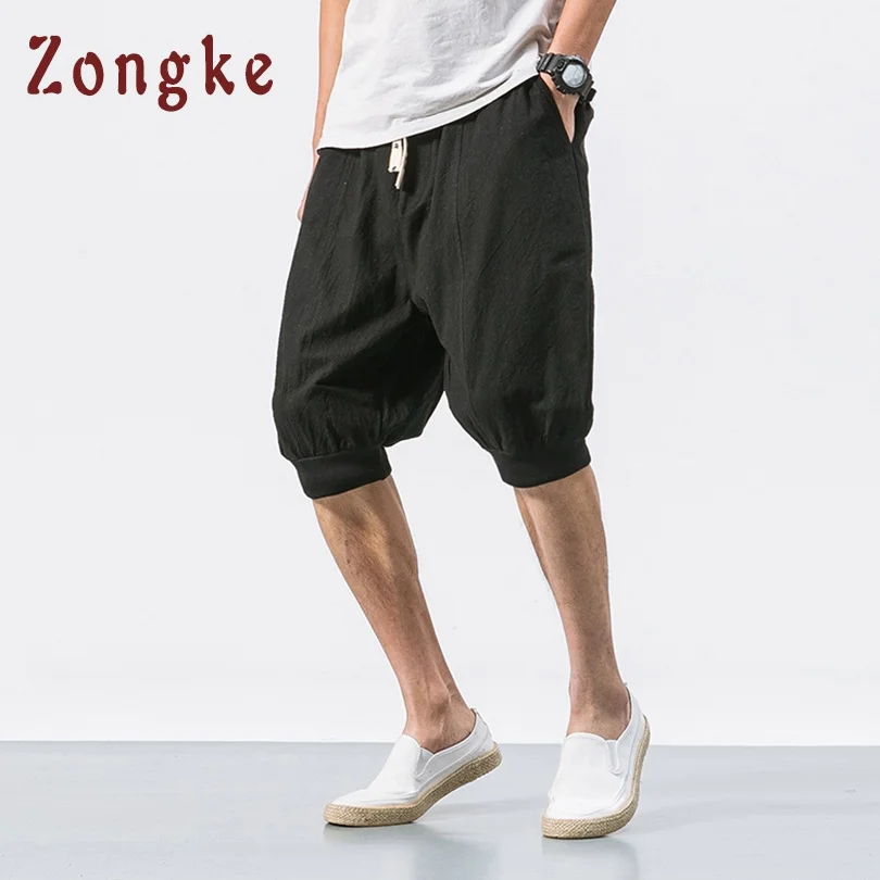 Black Zongke, китайский стиль, летние льняные хлопковые шорты, мужские уличные шорты, мужские s шорты, мужские шорты, 5XL, хлопковая одежда, весна, новинка - Цвет: Black