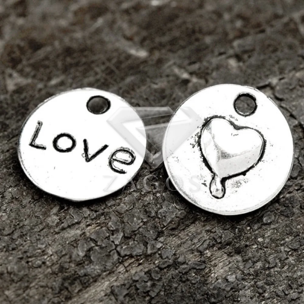 

50Pcs Antique Silver Tibetan Silver Tone 15x15x2mm Flat Round Hearts and Love Charms Zinc Alloy Jewellry Making Findings TS0115