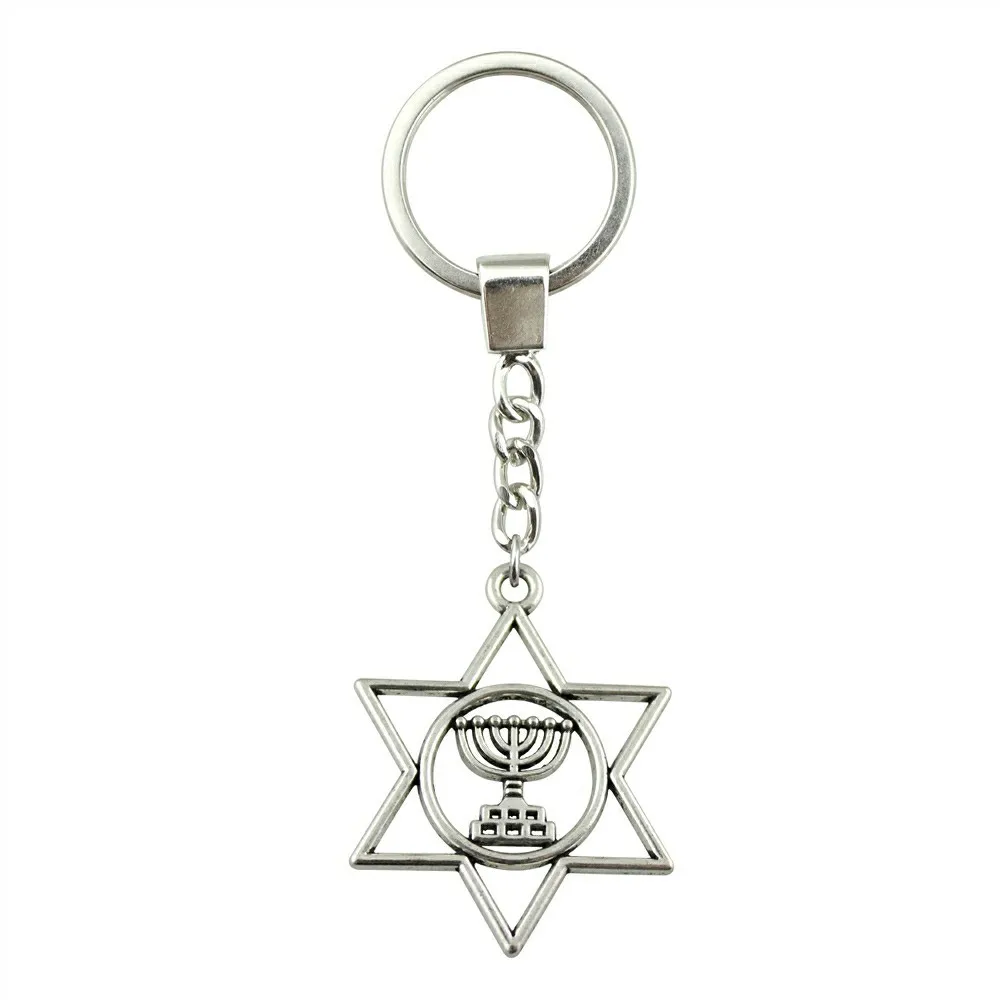 

New Fashion Keychain Antique Silver Color 39x32mm Judaism Menorah Star Of David Jewelry Key Chain Ring Holder Dropshipping