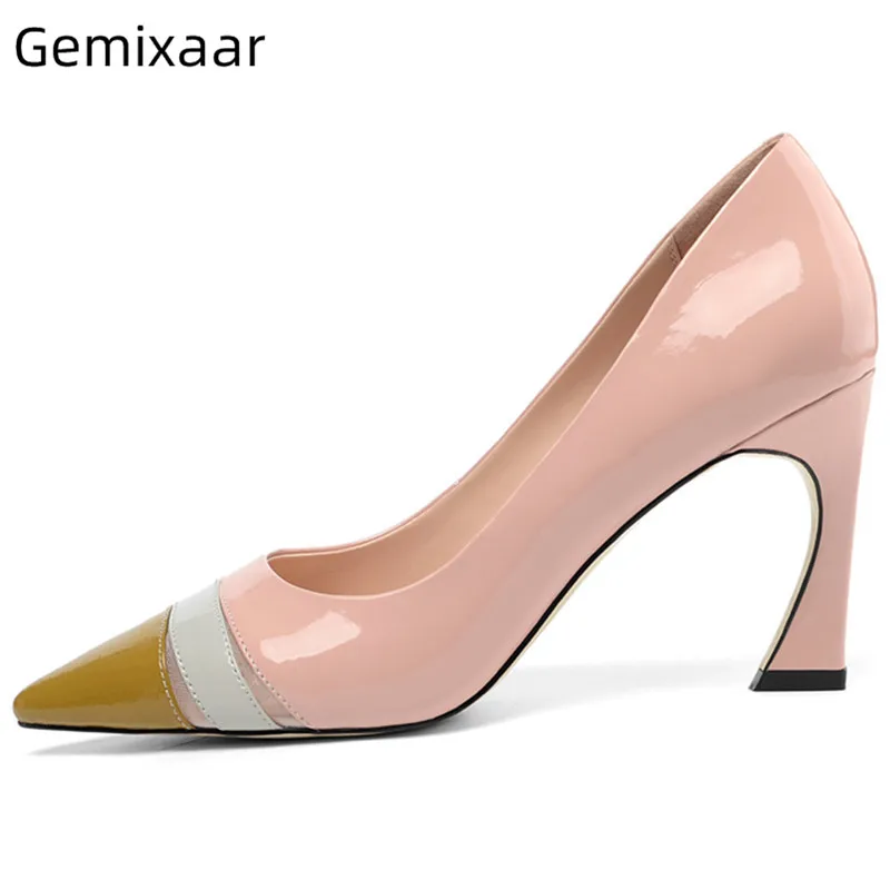 

OL Pumps Shoes Woman Pointy Toe Shallow Footswear Genuine Leather Pink Color Shoes Chic High Kitten Heels Pumps Women