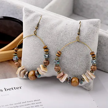 DOUVEI 2019 Ethnic Bohemia Women’s Gypsy Big Round Bronze Wood Beads Drop Earrings Vintage Boho Style For Female HQE741