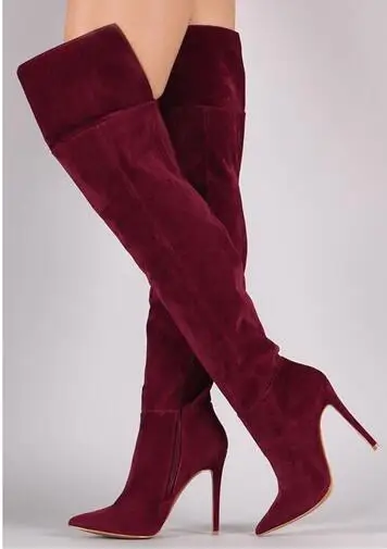 Spring newest thin heels boots new fashion pointed toe high heel boots wine red stretch fabric over the knee woman boots