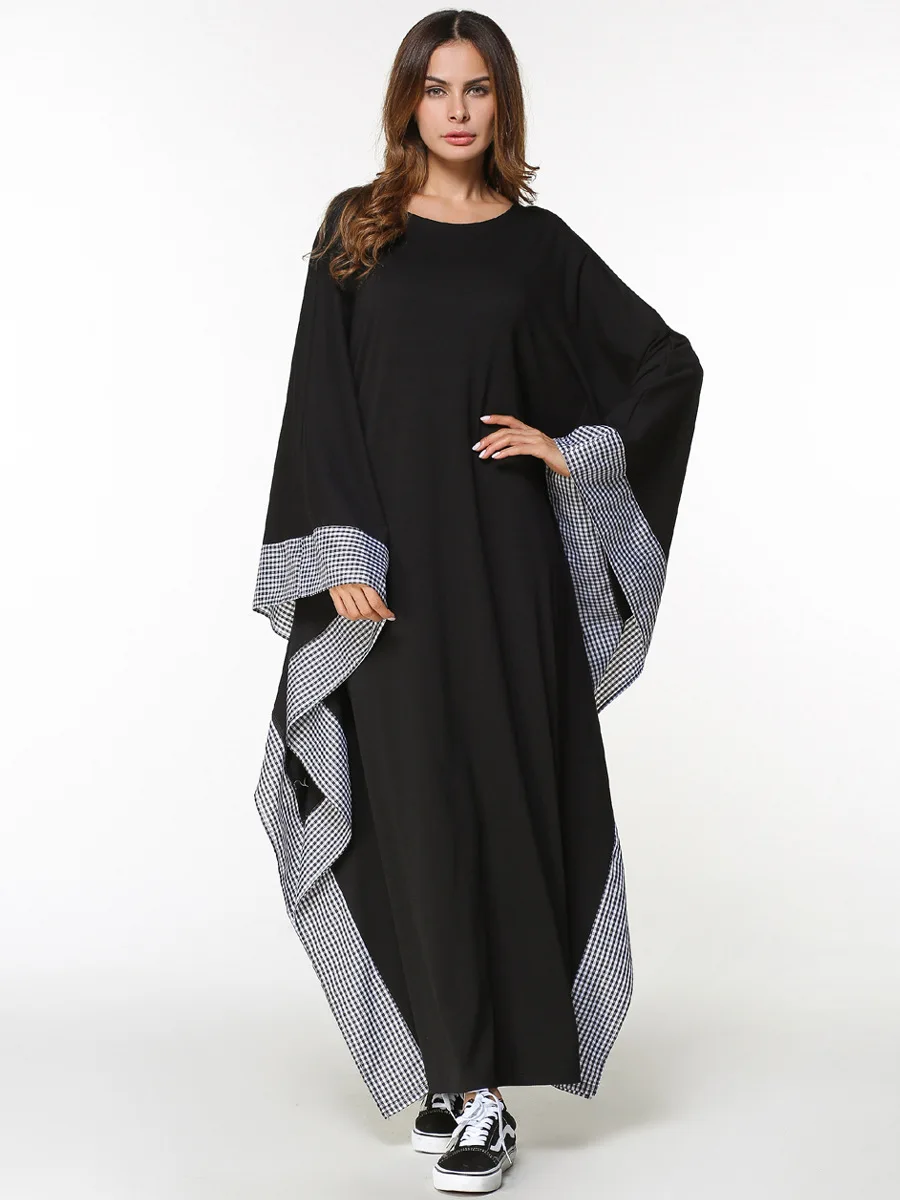 Мусульманское клетчатое Макси платье с принтом абайя рукав летучая мышь длинные халаты кимоно свободный стиль Джаба Рамадан Ближний Восток Арабский исламский одежда