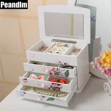 PEANDIM Пастырской Стиле Цветок Белый Деревянный Jewelry Box Ювелирные Дисплей Организатор Три Ящик Смотреть Ящик Для Хранения Ювелирных Изделий