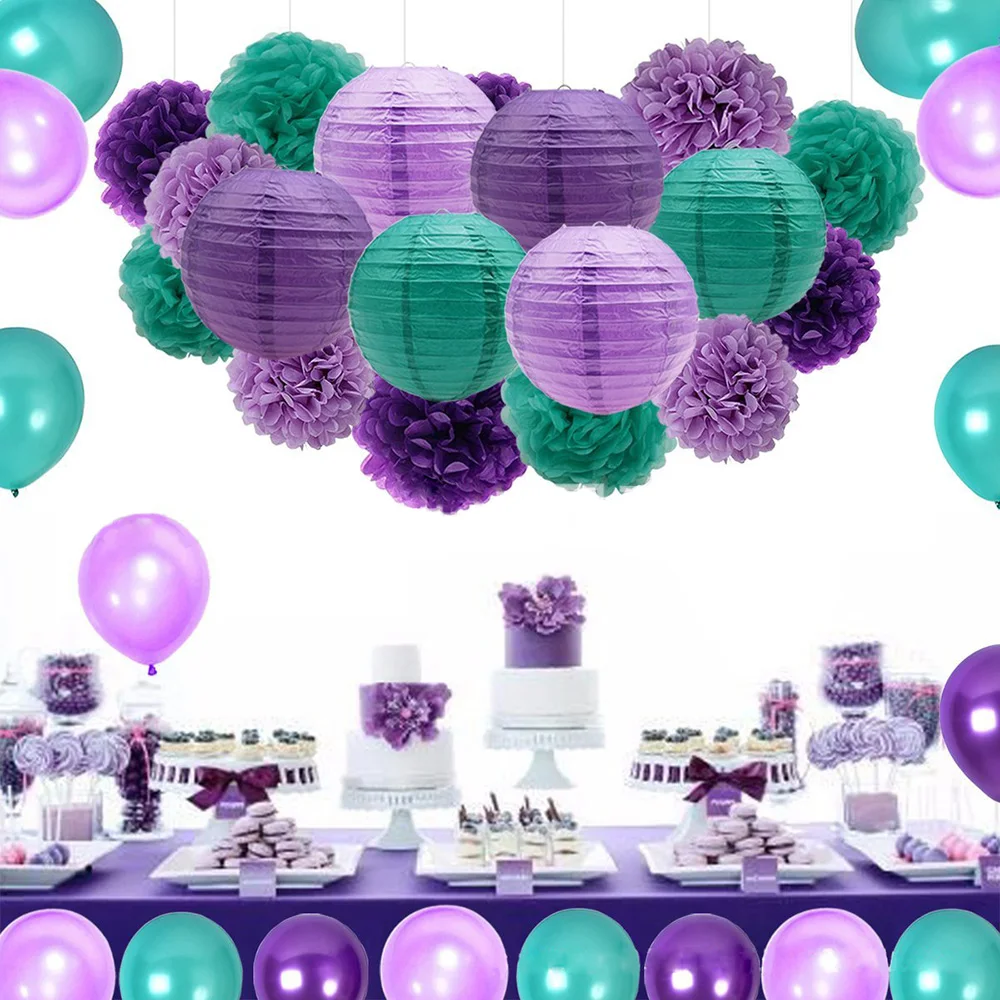 36Pcs Mermaid Party Decor Party Supplies Teal Lavender Purple Pom Poms Lanterns Balloons for