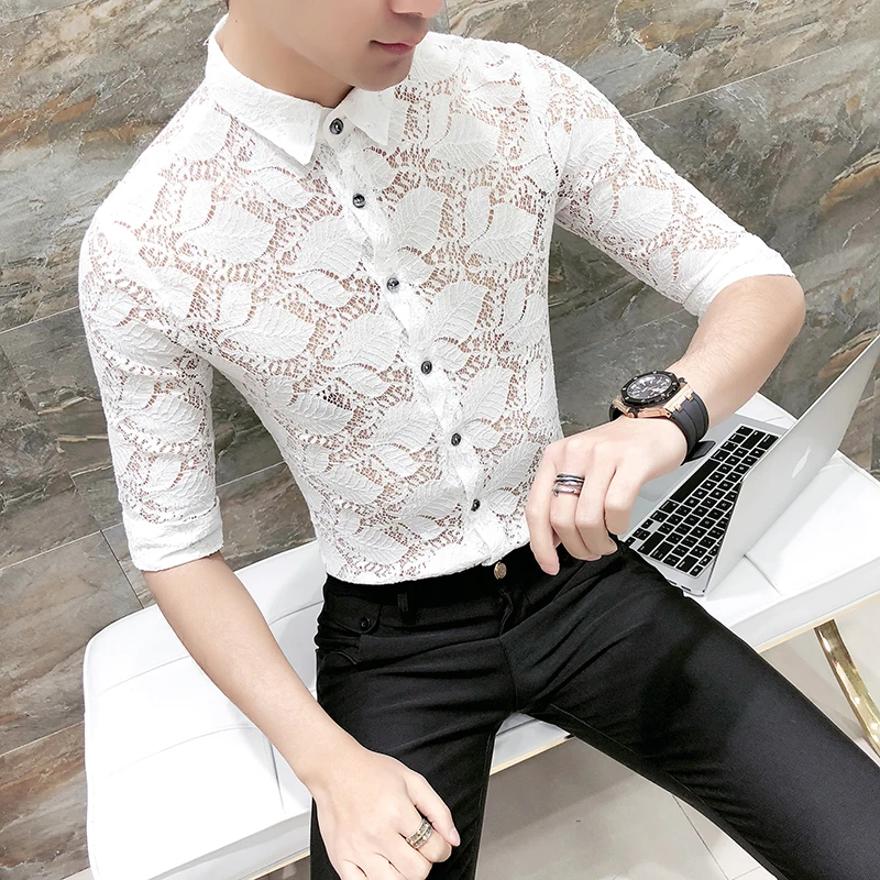 New Hollow Out Perspective Shirt Mens Luxury Lace Three Quarter Sleeve