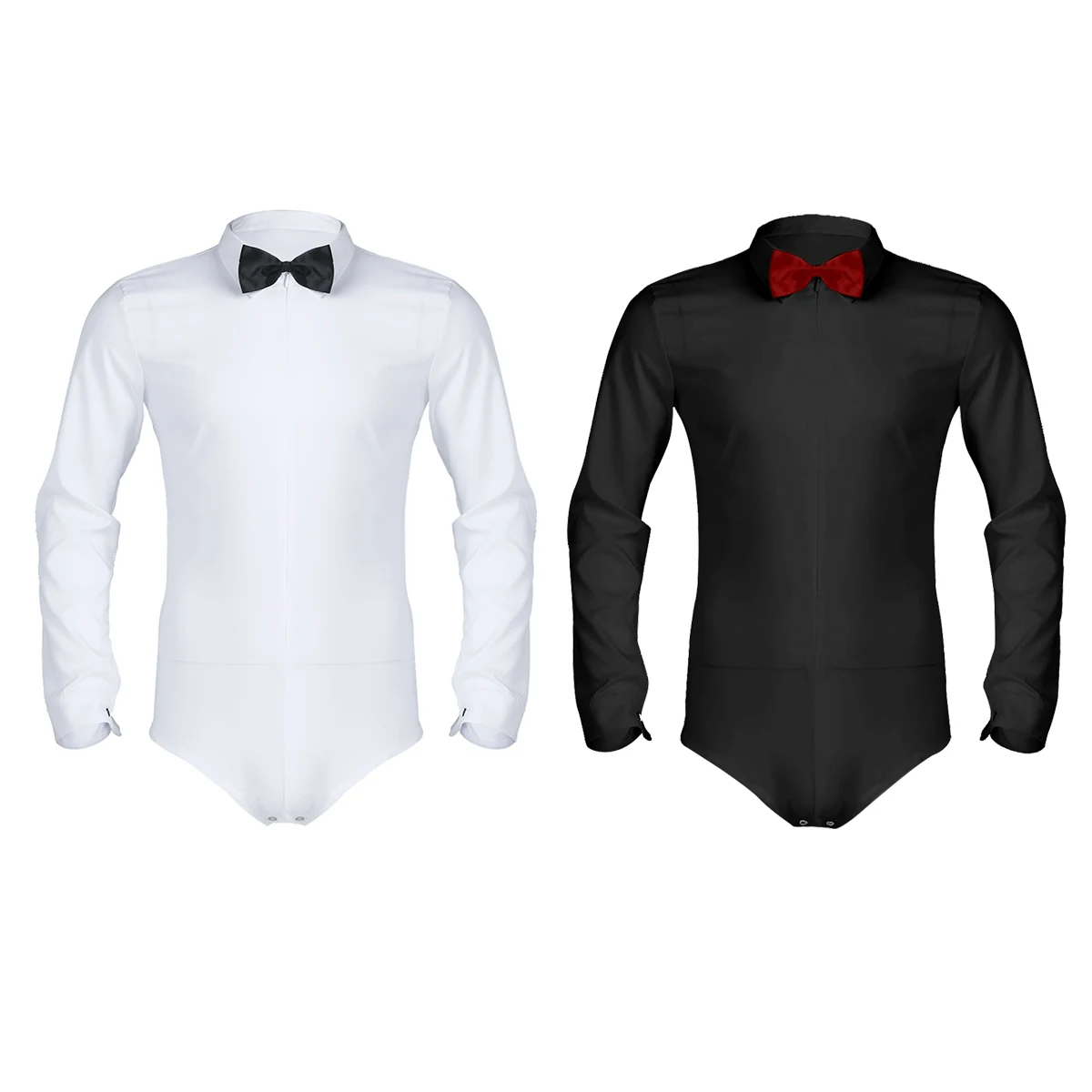 Feeshow Mens Long Sleeve Zipper Romper Tuxedo Shirt Camisas Hombre Solid Color Soft Smooth Latin Modern Dance Shirt with Bowtie