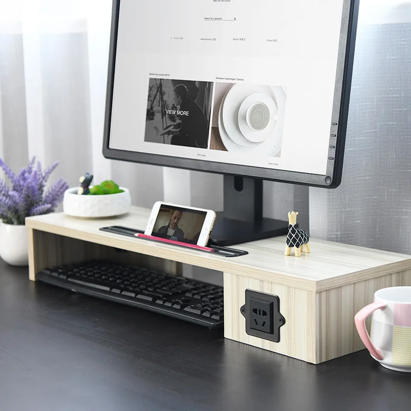 

Simple Storage Shelf Computer Monitor Screen Heightening Rack Base Keyboard Storage Rack With Socket Home Furniture