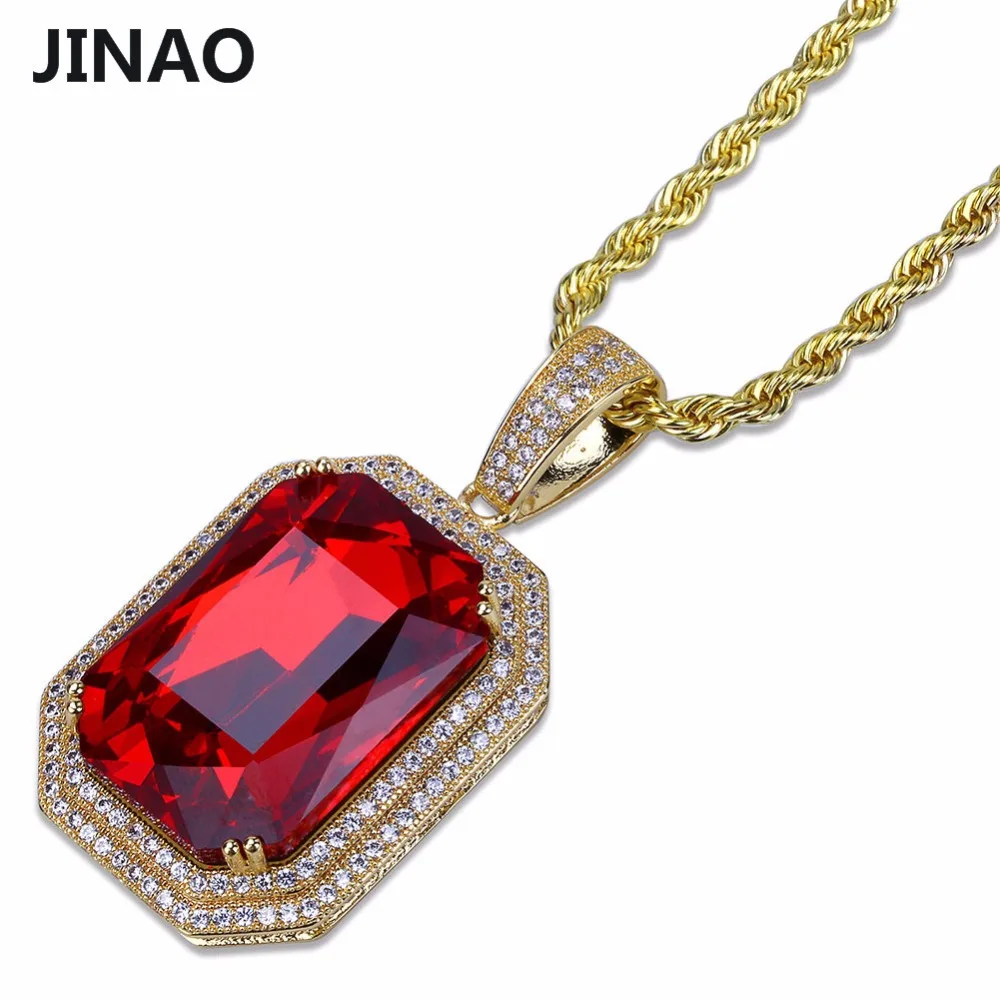 

JINAO Gold Color Plated Iced Out Hip Hop Micro Pave Red Stone Pendant Necklace Stainless Steel 50cm Rope Chain For Men And Women