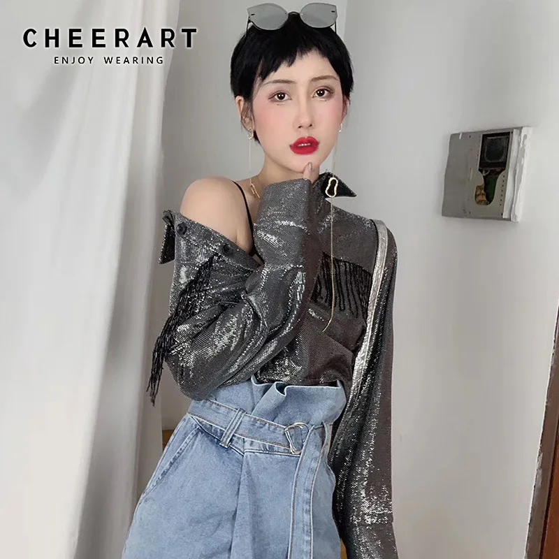 

Cheerart Glitter Tassel Shirt Women Long Sleeve Silver Blouse Spring Loose Shirt Ladies Tops 2019 Fashion New Blouses