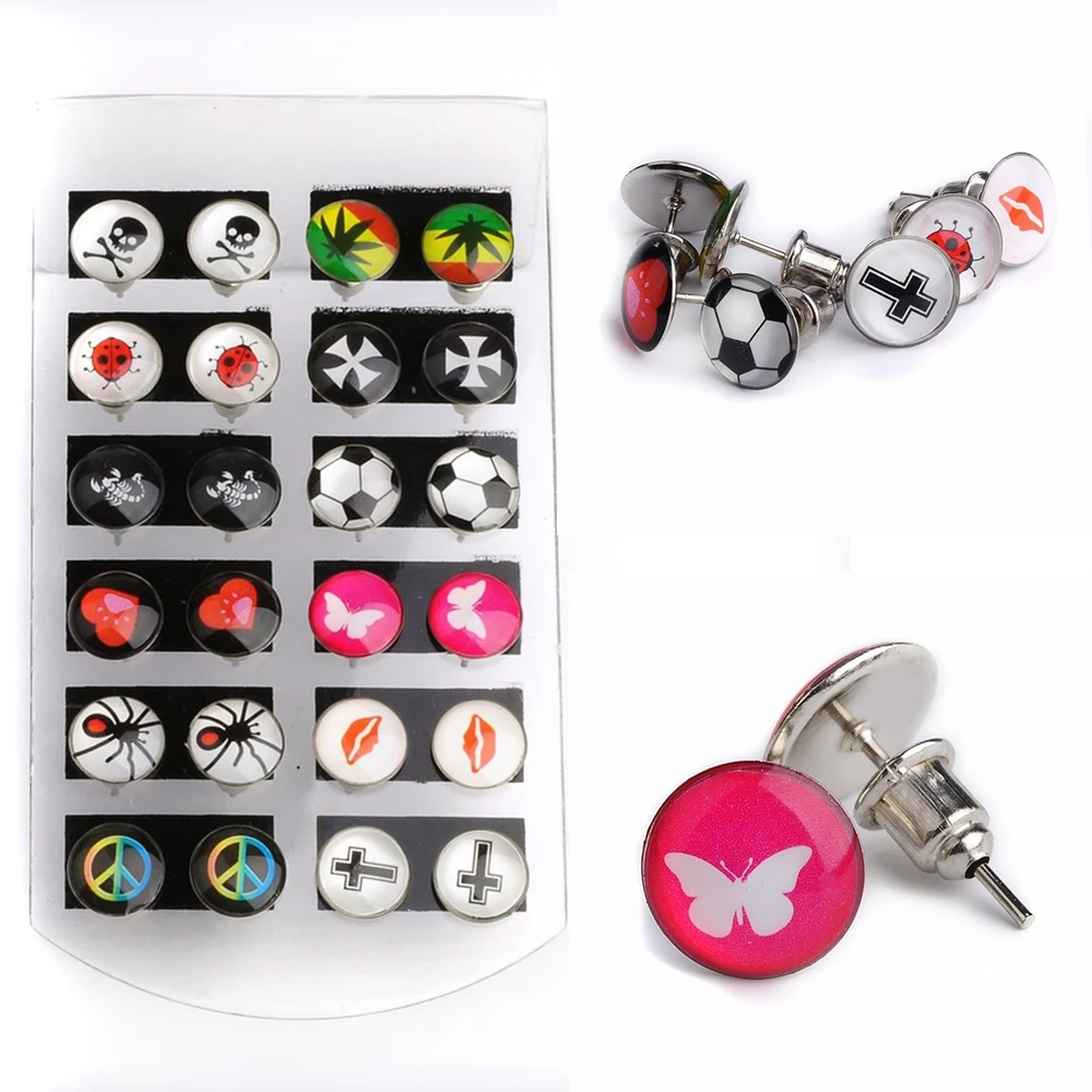 

Pinksee Wholesale 12pairs/Set Mixed Colorful Round Ear Studs Printed Cross Skull Stud Earrings For Women Men Jewelry