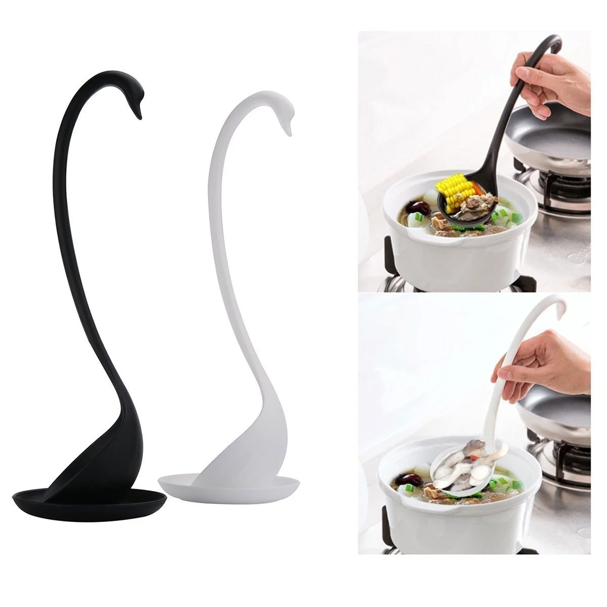 Elegant Swan Soup Ladle Plastic Kitchen Spoon Stand Gift for Christmas