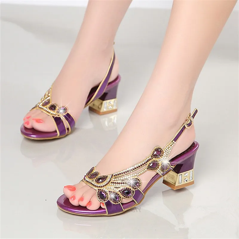 

Genuine Split Leather Women Banquet Prom Party Shoes Summer Rhinestone Sandals Open Toe Square High Heel Wedding Shoes C0037