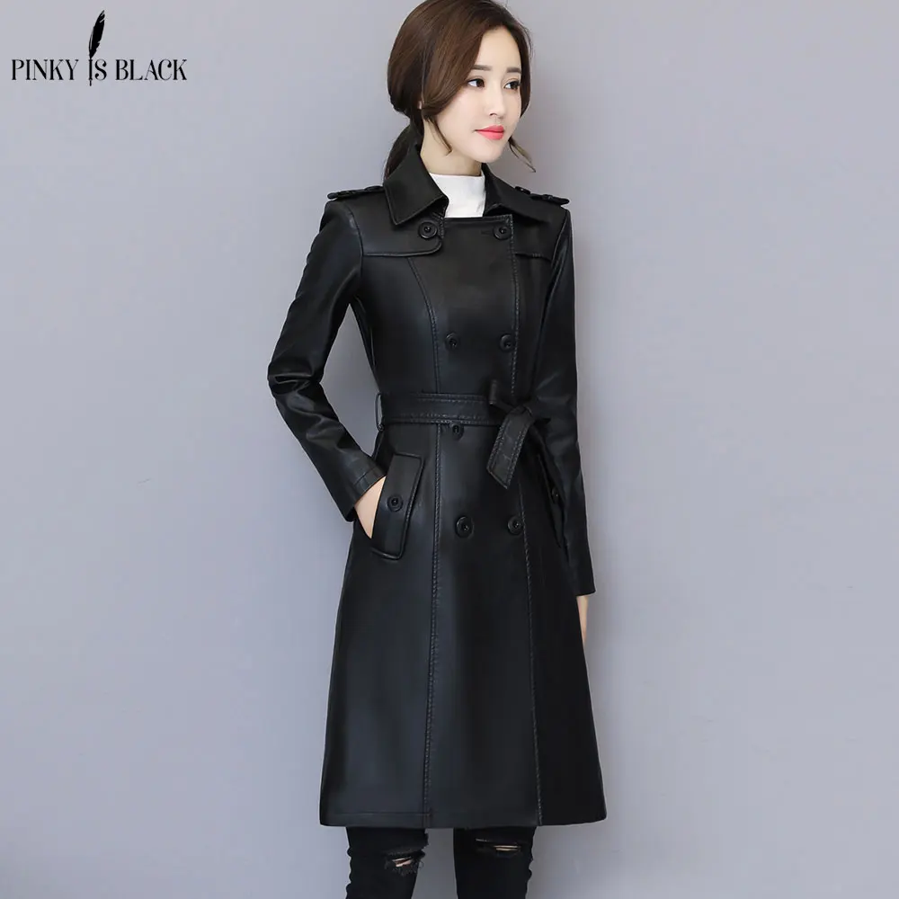 PinkyIsblack новинка 2019 Весенняя Женская Длинная кожаная куртка тонкий ремень
