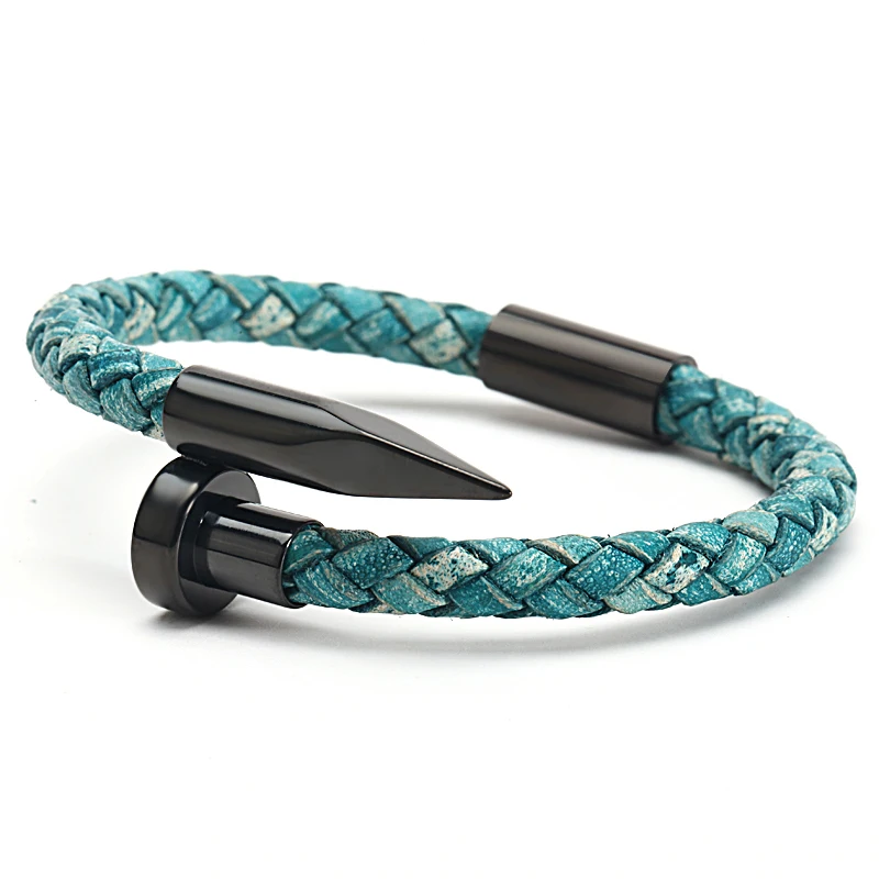 

Mcllroy leather bangle man nails stainless titanium steel vintage leather rope weave handmade DIY bracelet charms wholesale
