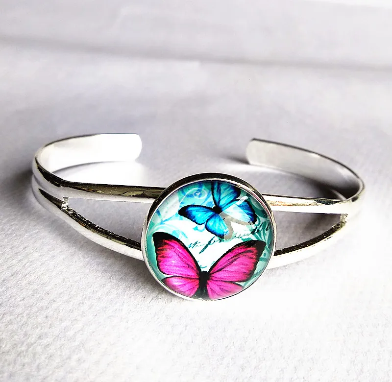 

1pc (6styles can be choose) Lovely colrful Butterfly Glass Cabochon Bangle bracelet for Girls fashionable bracelets hand chain