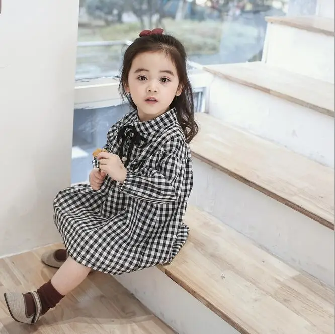 brand deisng toddler girls loose long shirt dress white black plaid