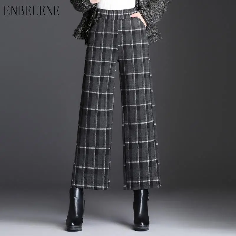 

2019 Winter Woollen Ankle-length Pants Women Grey Black Plaid High Waist Pants For Female Loose Wide Leg Pants Office Lady GJ261