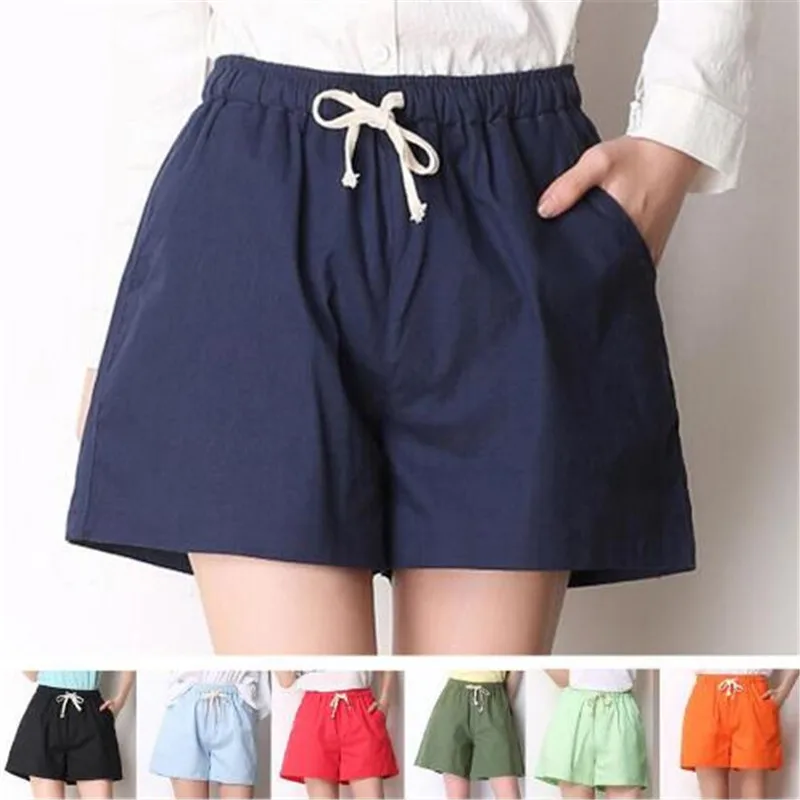 

M-7XL New Summer 2019 Fashion Casual Shorts Women Linen Cotton Female Solid Color Elastic Waist Feminines Short Plus Size Black