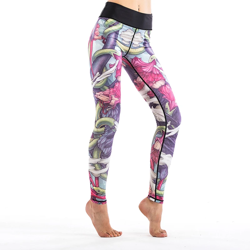 Floral Print High Waist Compression Yoga Pants Wide Waistband Quick Dry Striped Workout Yoga Leggings Fitness Apparal Gym Wear (10)