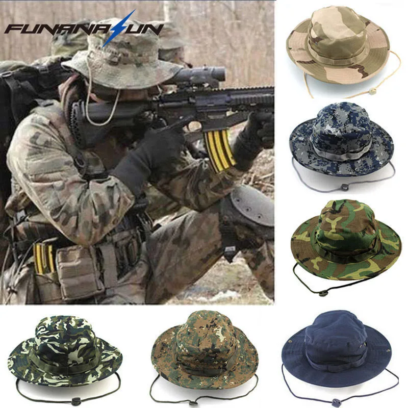 

Military Men Hunting Camouflage Hat Outdoor Hiking Wide Bucket Hats Unisex Brim Sun Cap Summer Jungle with String Boonie Hat