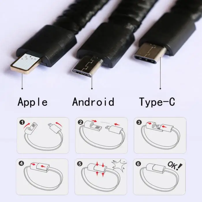 Портативный спортивный плетеный браслет USB кабель для зарядки данных Шнур для type-C/Androids/Apple FH99