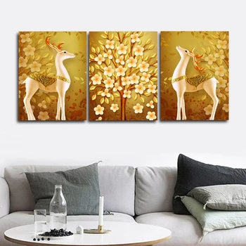 

Golden Elks Wall Picture Poster and Print Canvas Painting Calligraphy Decoration for Living Room Bedroom Home Decor Frameless