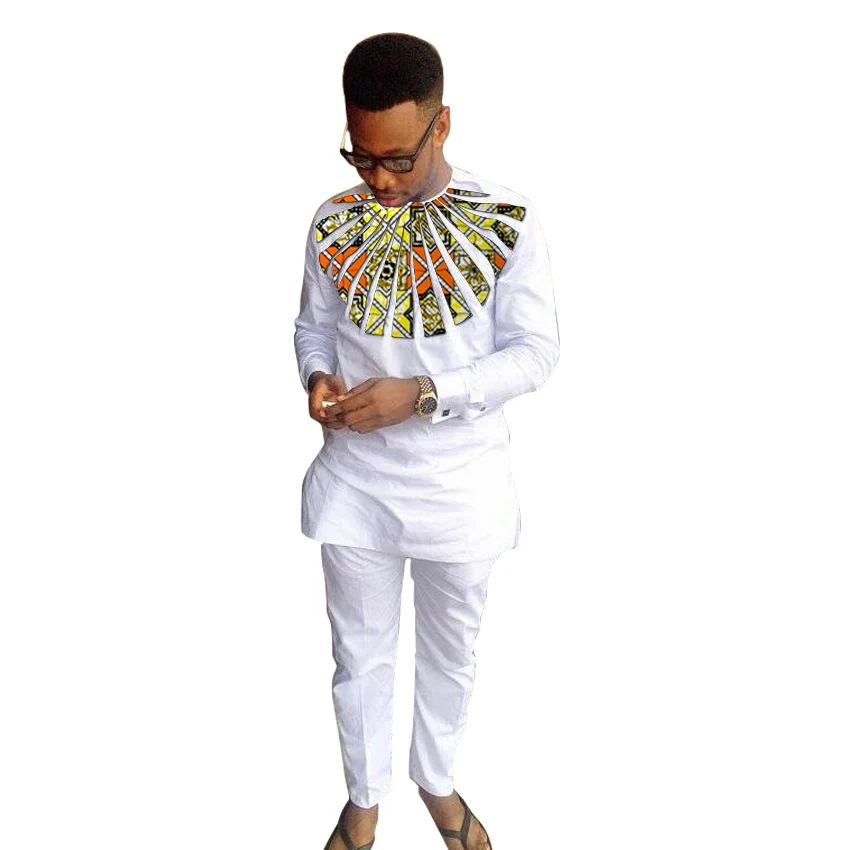Африканский принт человек рубашки Дашики модный Комплекты штанов топ с круглым вырезом + брюки 2 шт. индивидуальные Для мужчин наряд для