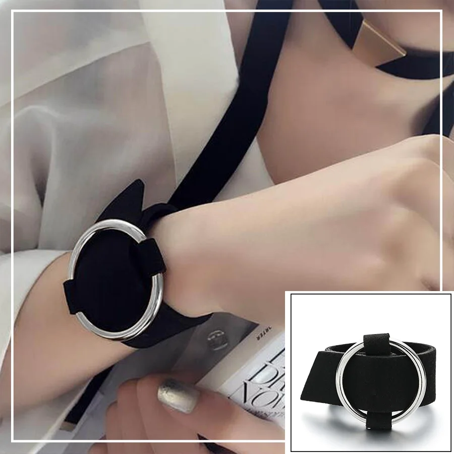 

RAVIMOUR Fashion Leather Bracelets for Women Punk Wide Bracelet Bangle Jewelry Big Circle Round Wrap Velvet Black Red Armband