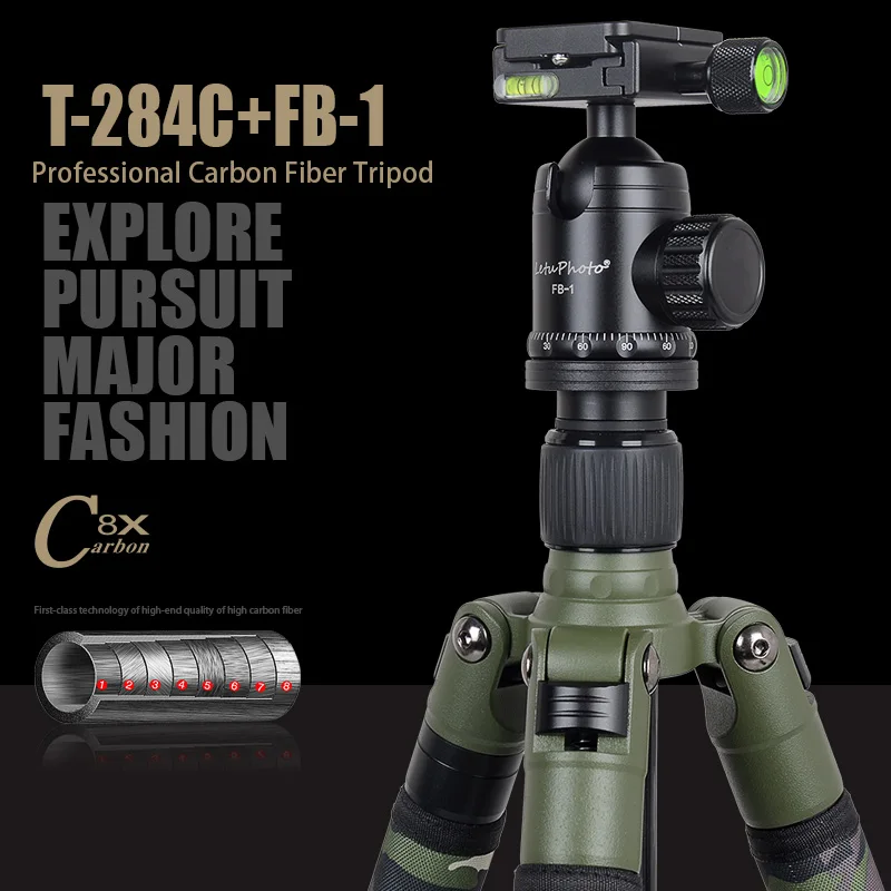 

T284C green Hidden professionial Carbon Fiber tripod monopod for DSLR Camera light Portable stand compact Better than Q666C