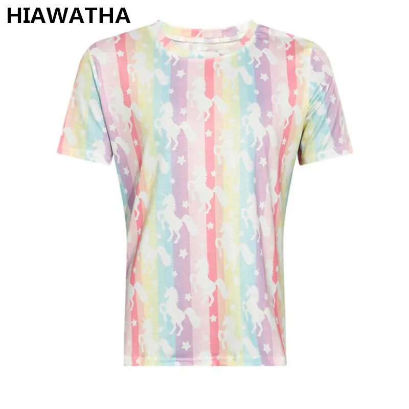 

Hiawatha 2018 Rainbow Tees Tops Women Harajuku Style Unicorn Printed T Shirt Casual Summer Short Sleeve T-Shirts T4293