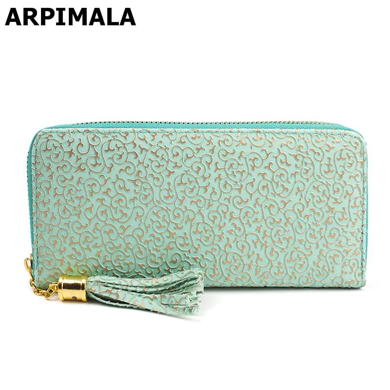 

Vintage Fringe Wallets Women Leather Purses Gold Pattern Retro Card Holder Long Cash Casual Clutches