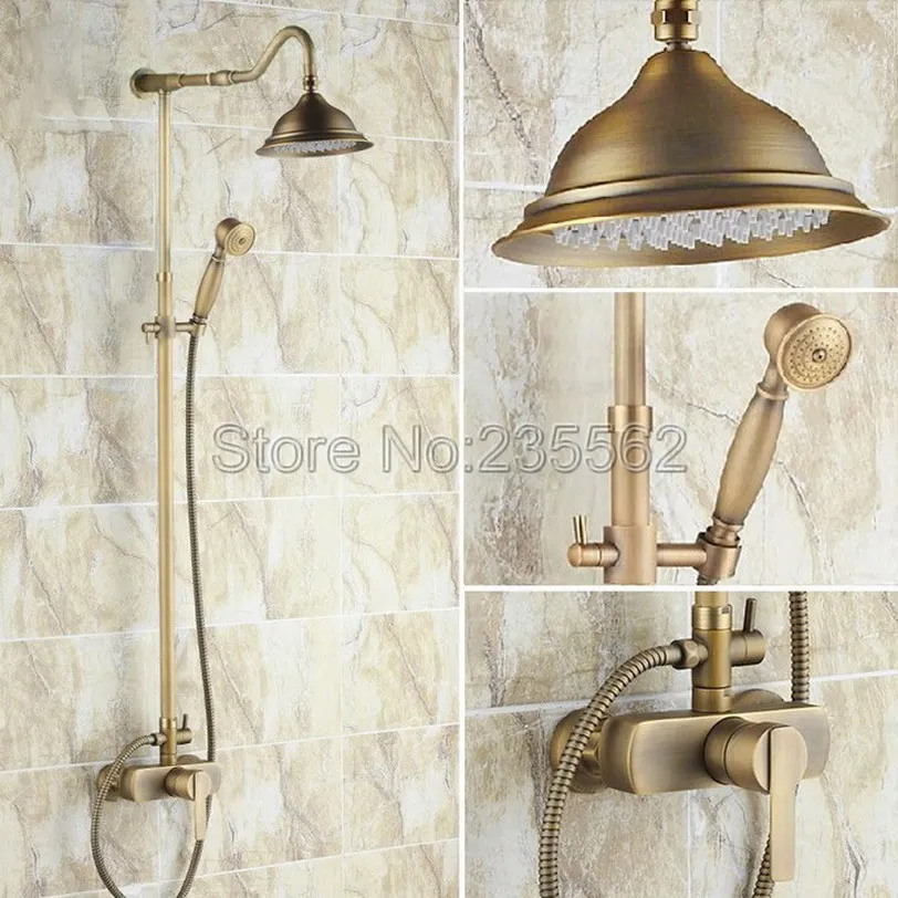 Antique Brass Bathroom Rain Shower Faucet Set With Hand Shower