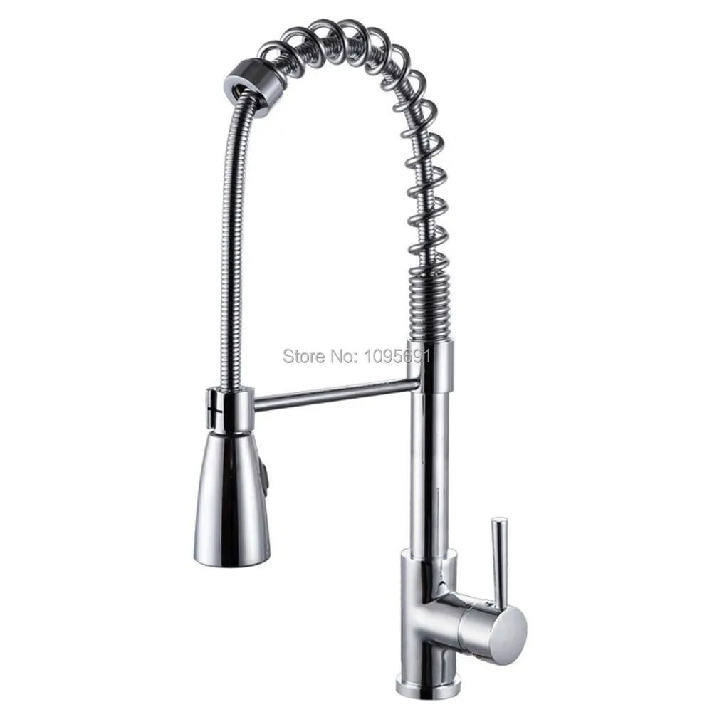 Chrome Brass Single Handle High Arc Spring Pull Down Kitchen Faucet with Swivel Spout